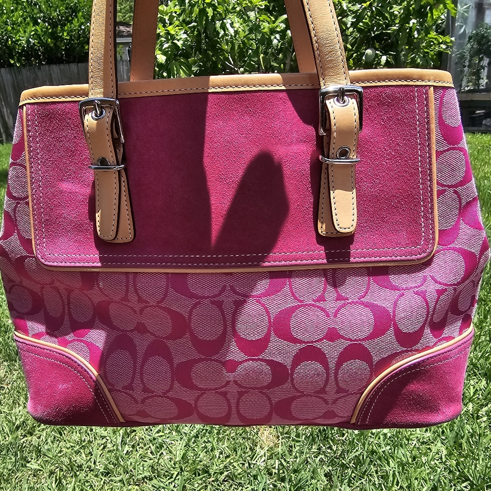 Coach Pink and Tan Bag with Signature Monogram